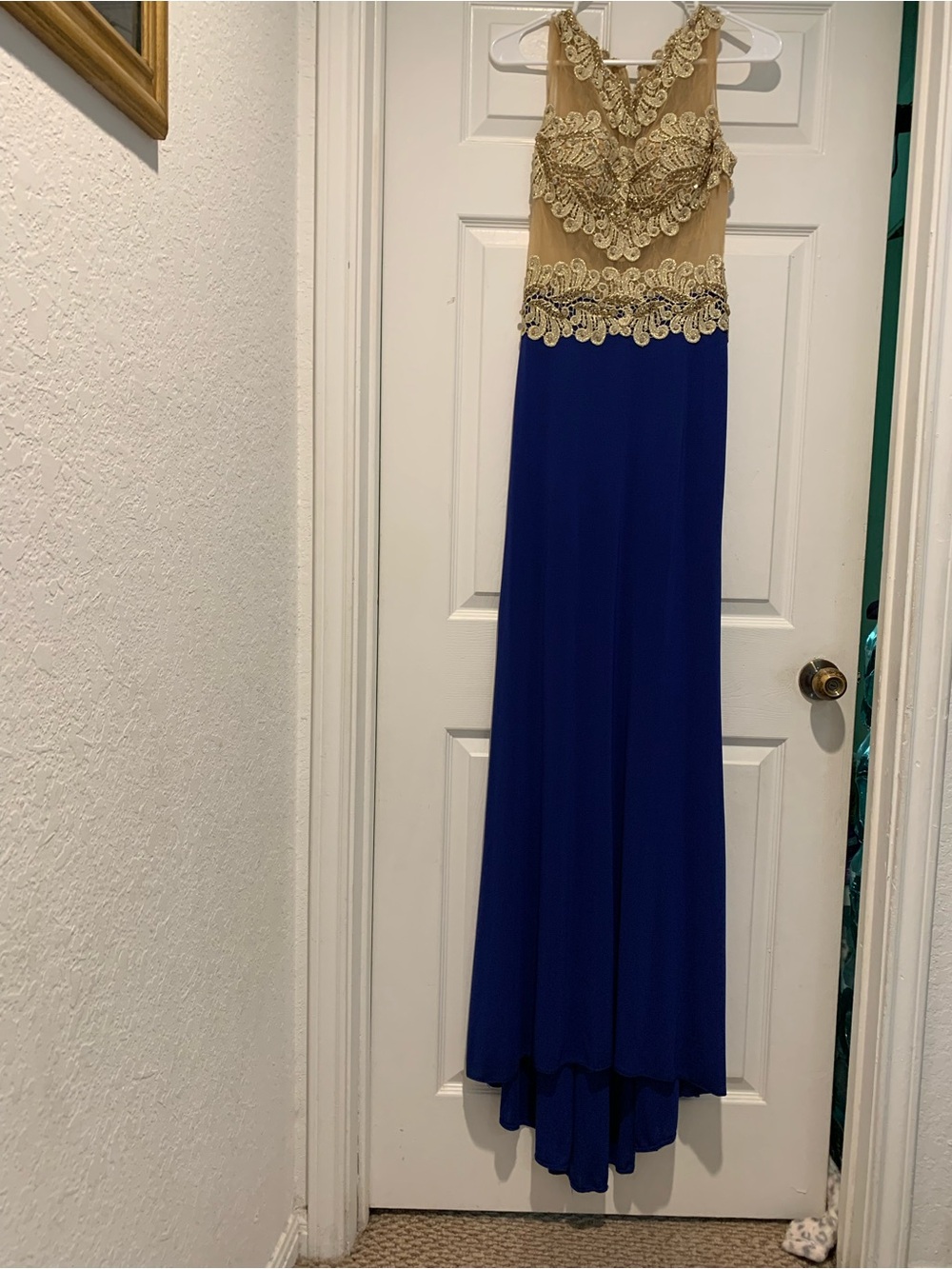 Elegant Blue and Gold Embellished Evening Dress